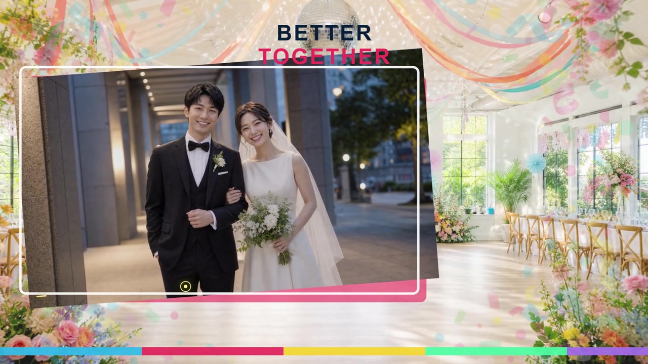 明るい色と写真で迎えるHAPPY WEDDING