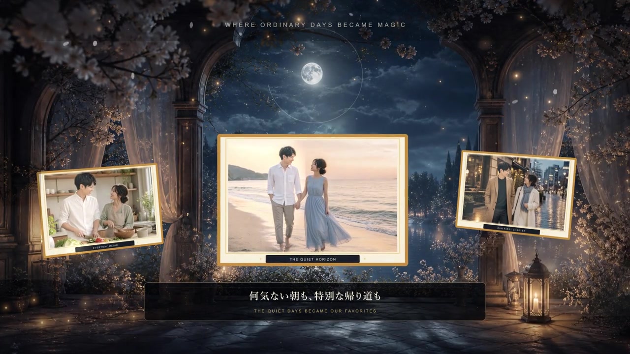 金色の額縁と光の空間で写真を見せるSTORYBOOK